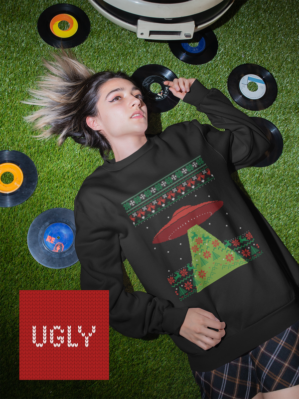 Girl in UFO ugly Xmas sweater